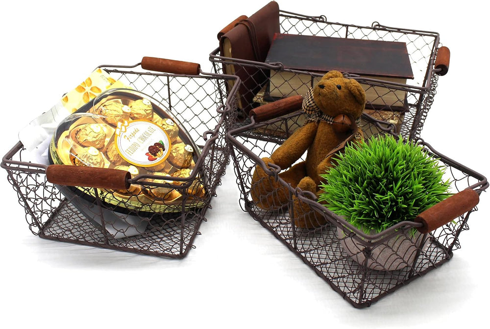 CVHOMEDECO. Primitive Chicken Wire Gathering Baskets with Wood Handle Rectang...