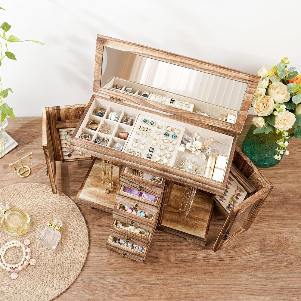 Miratino Jewelry Box for Women Girls, Rustic Wooden Jewelry Organizer Box wit...