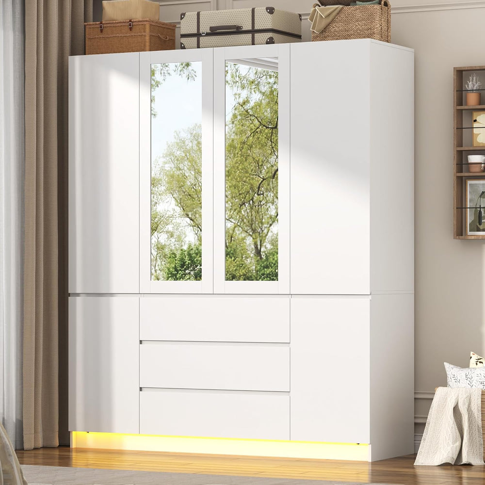4 Doors Armoire Wooden Wardrobe Closet with 3 Drawers & 2 Mirror, 75&quot...