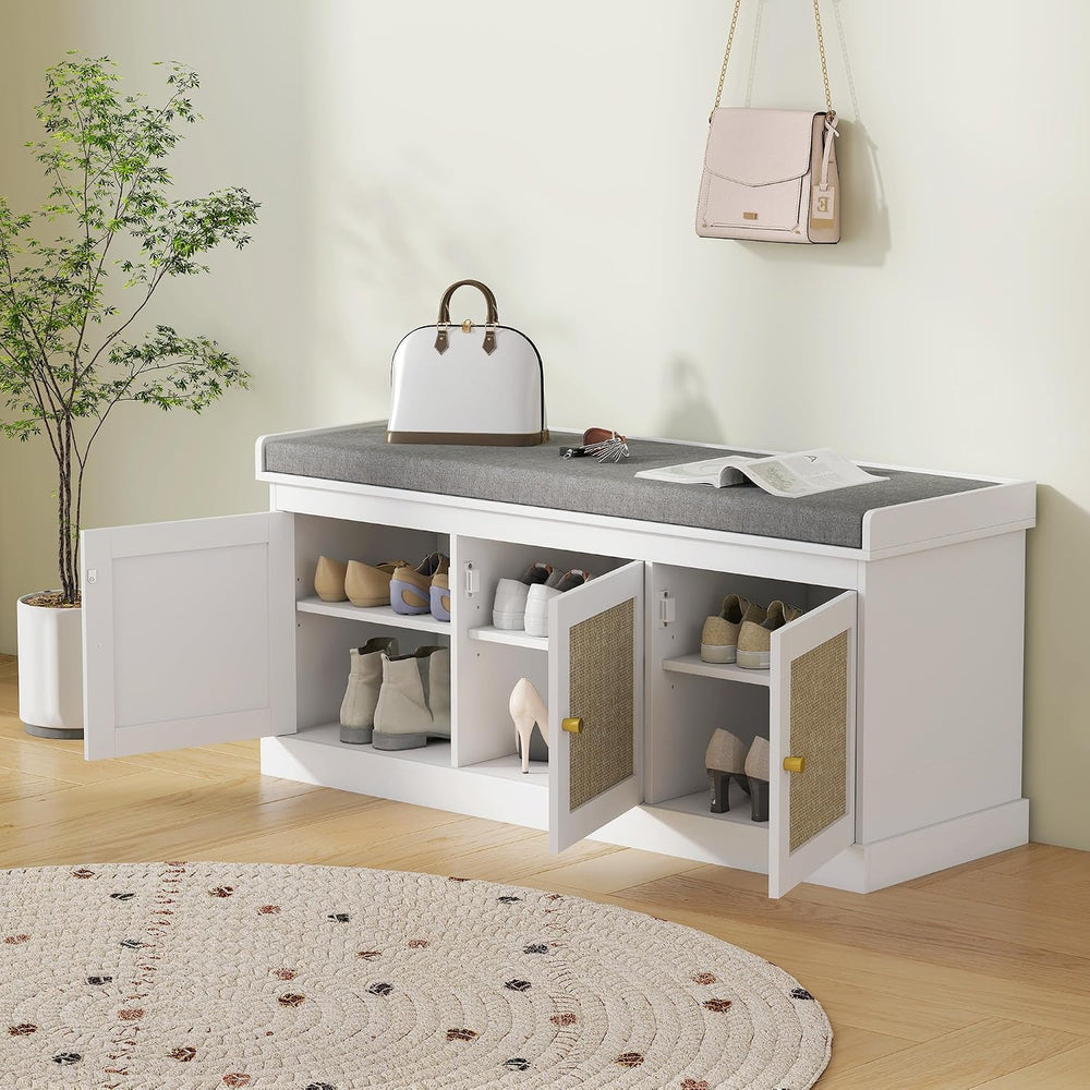 HOMCOM Shoe Bench Storage Rattan Doors 13.8 x 41.3 x 18.5 Inches White