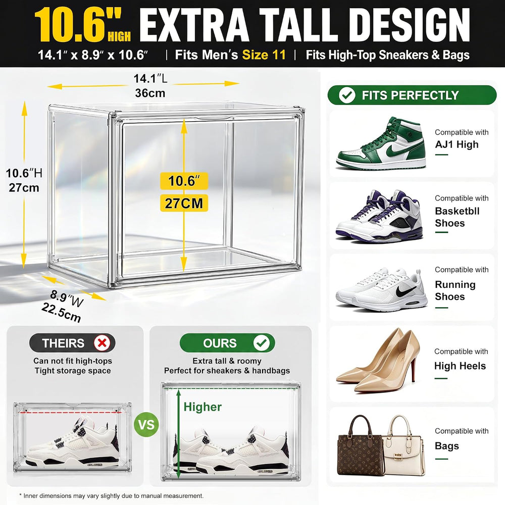 5 Pack Clear High-Top Sneaker Boxes, Wide Magnetic Door, Acrylic Shoe Box