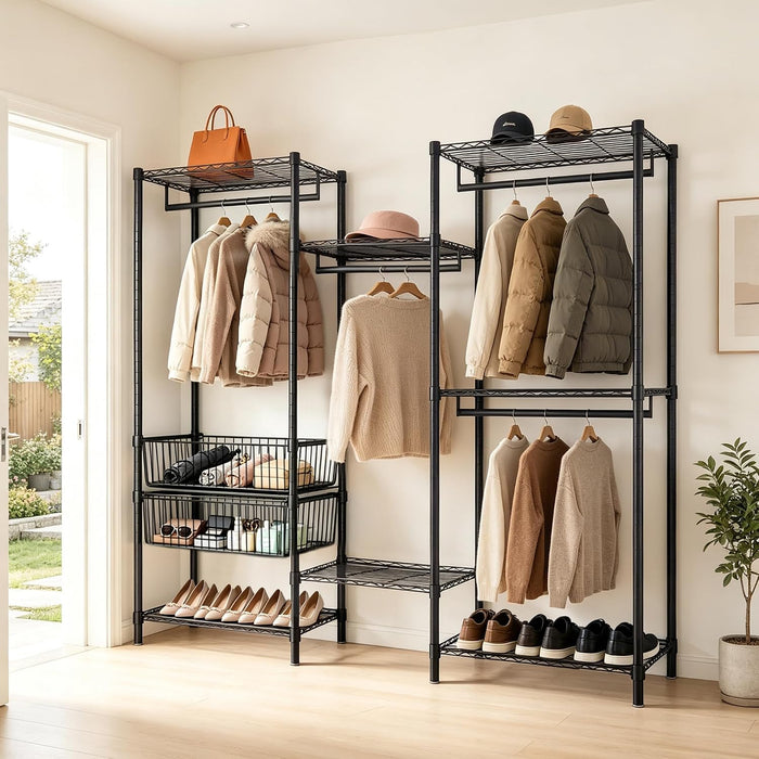 Heavy Duty Clothes Rack, Garment Rack with 4 Hanging Rods, 6 Adjustable Wire Shelves & 2 Large Metal Baskets, Portable Wardrobe Closet Organizer for Bedroom, Laundry Room