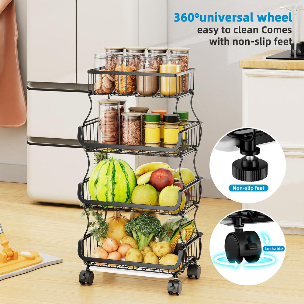 Simple Trending Stackable Cart, Fruit Vegetable Basket with Wheels, 4 Tier