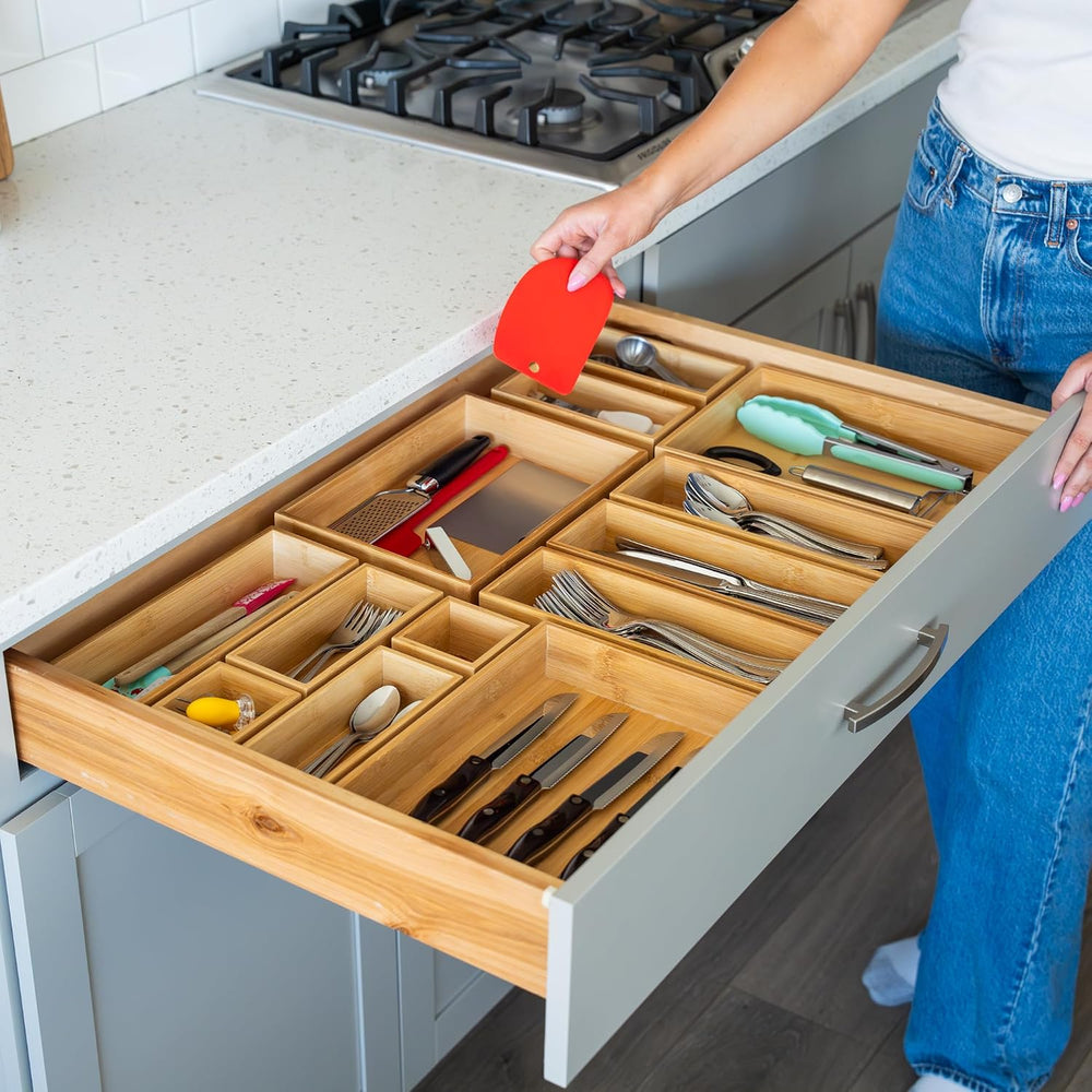Grow Forward Bamboo Drawer Organizer Boxes - Set of 14 Wooden Drawer Organize...