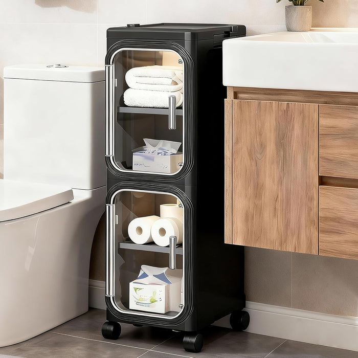 2-Tier Narrow Slim Bathroom Storage Cabinet with Wheels, Black