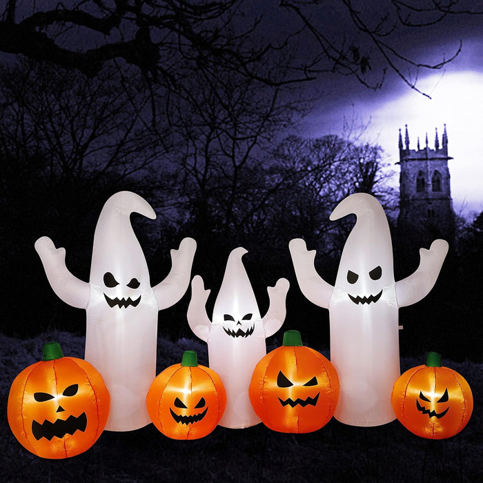 SAND MINE 8 FT Long Lighted Halloween Inflatable Ghosts with Pumpkins, Halloween Blow Up Decorations for Halloween Indoor Outdoor Garden Lawn Party Yard Decorations
