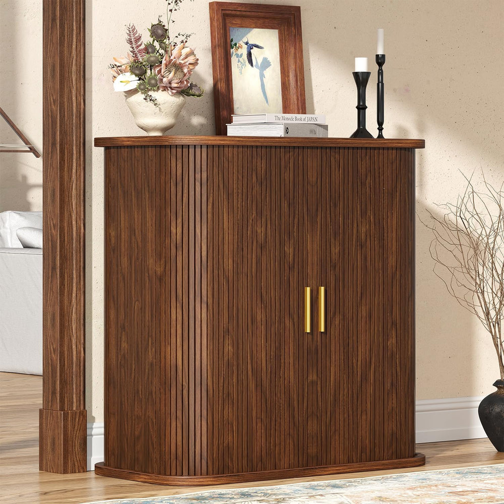 UNIQUITE 5-Tier Sliding Door Shoe Cabinet, Adjustable Shelves Wooden Shoe Sto...
