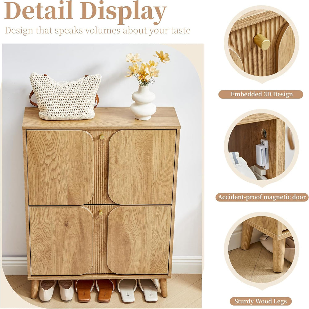 BERRYMERRY Natural Shoe Cabinet with 2 Flip Drawers Fluted Recessed