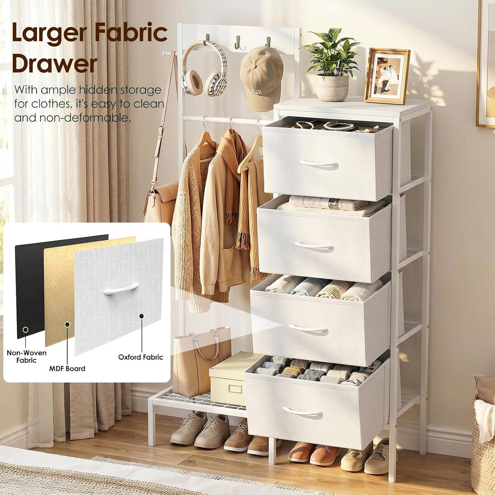 Lewondr Dresser with Hanging Rack and Storage Drawers, White