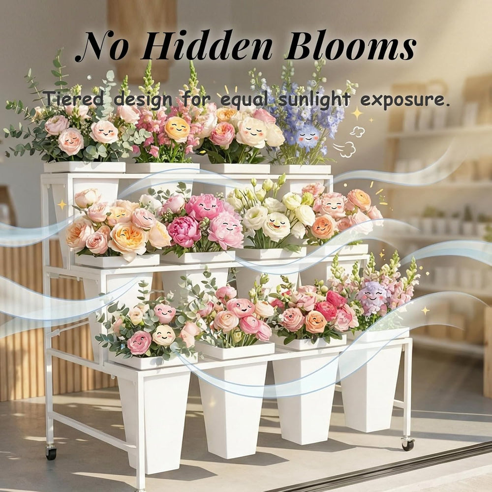 3 Tier Plant Stand with 12 Buckets, White Metal Flower Cart for Patio Garden ...