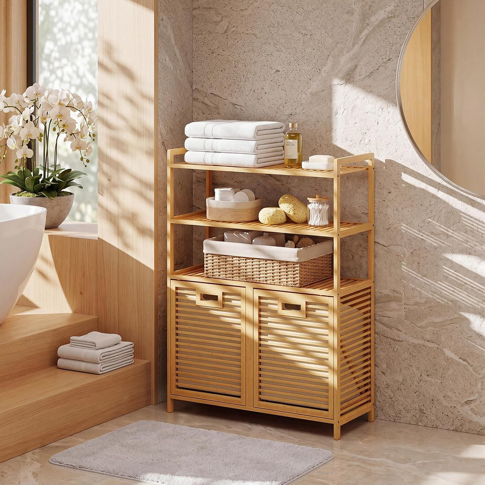 GOFLAME Bamboo Double Tilt Out Laundry Hamper Cabinet with Shelves