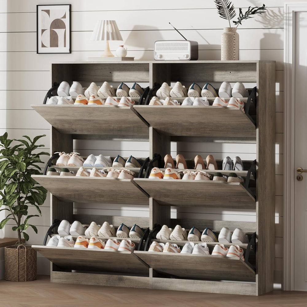 Xixini Shoe Storage Cabinet for Entryway with 6 Flip Drawers, Sturdy Wood Hid...