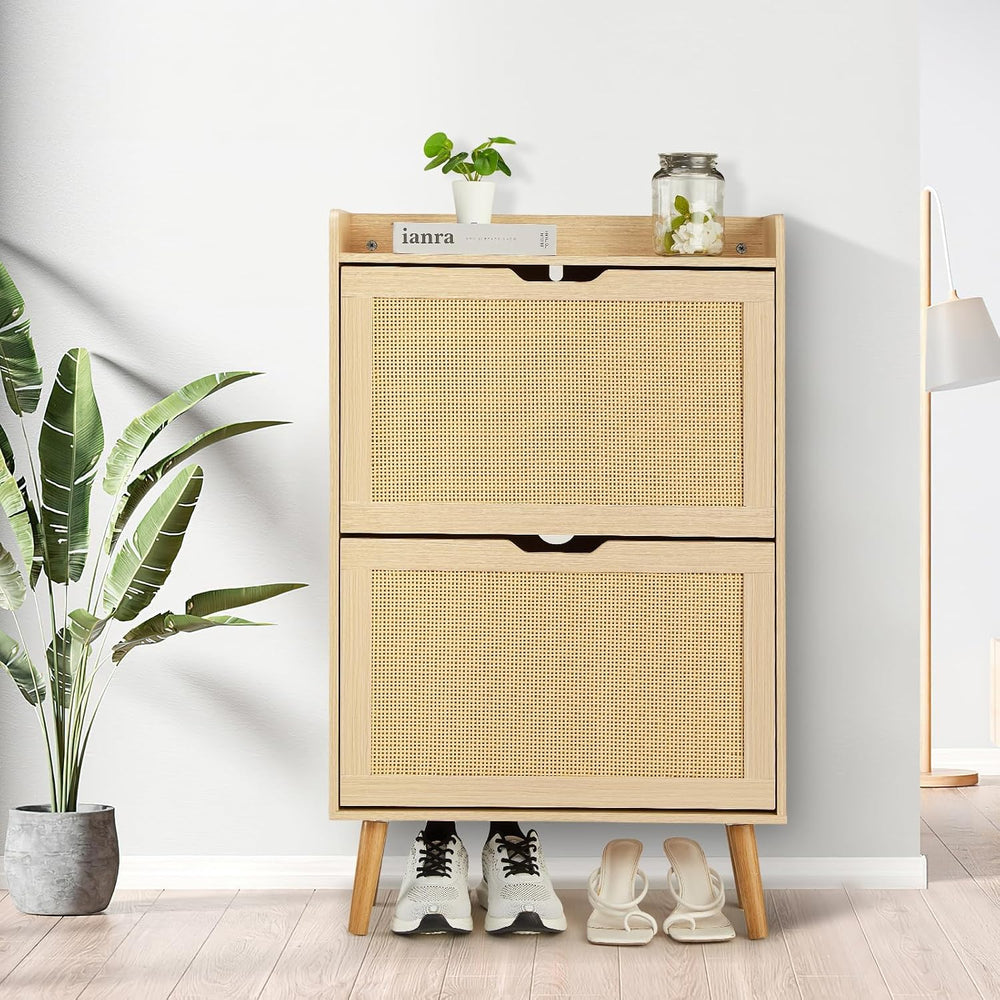 Natural Woven Rattan 2-Tier Shoe Cabinet, Narrow 9.25-Inch Depth with Flip-Dr...