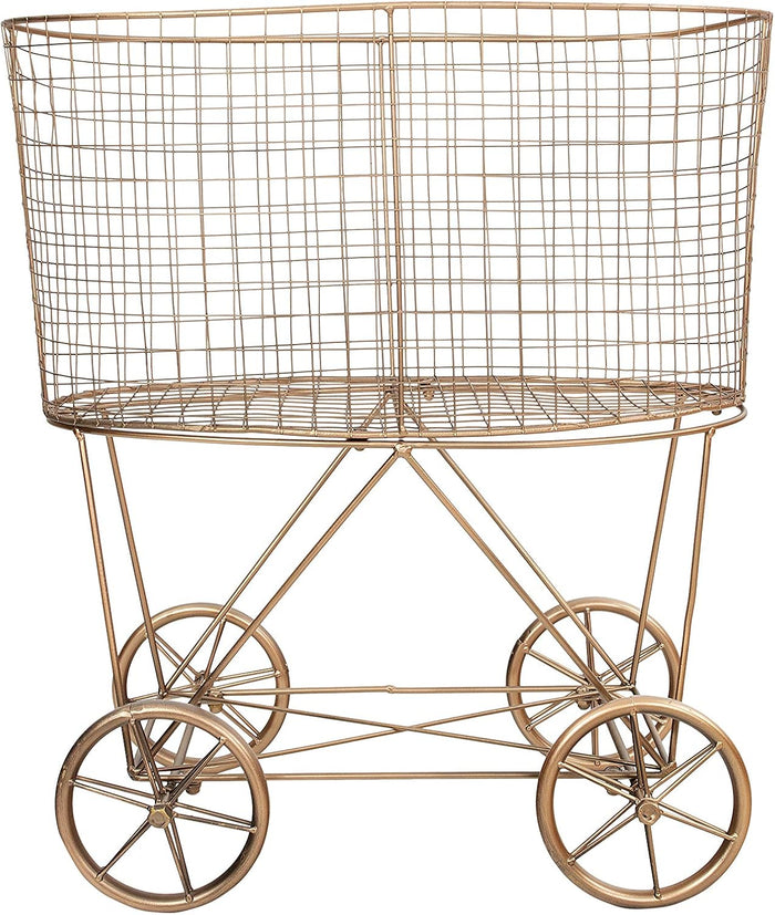 Creative Co-Op Vintage Reproduction Decorative Metal Laundry Basket on Wheels, Copper