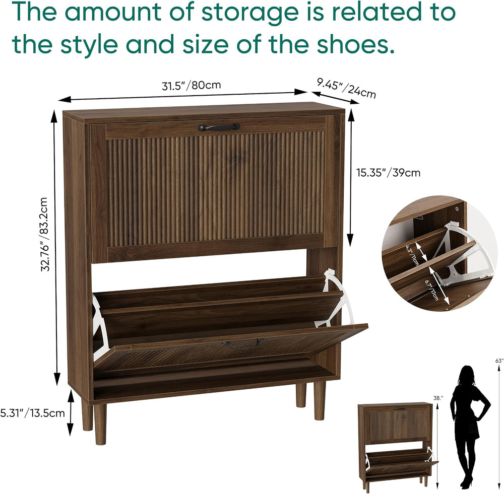 Smuxee Walnut Shoe Cabinet with 2 Flip Drawers, 31.5" Hidden Shoe Storag...