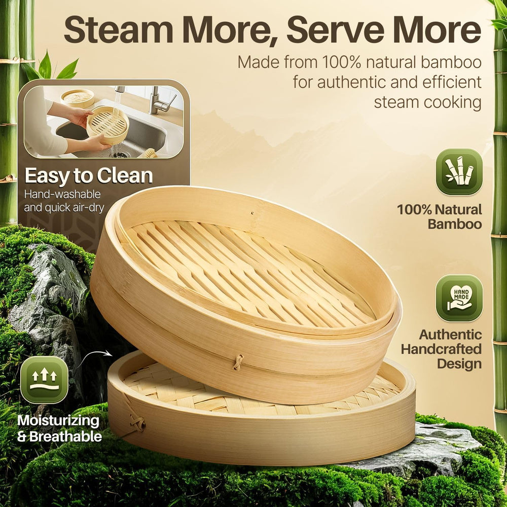 Flexzion Bamboo Steamer Basket Set (8 inch), 50 x Steamer Liners and 2 Pairs ...