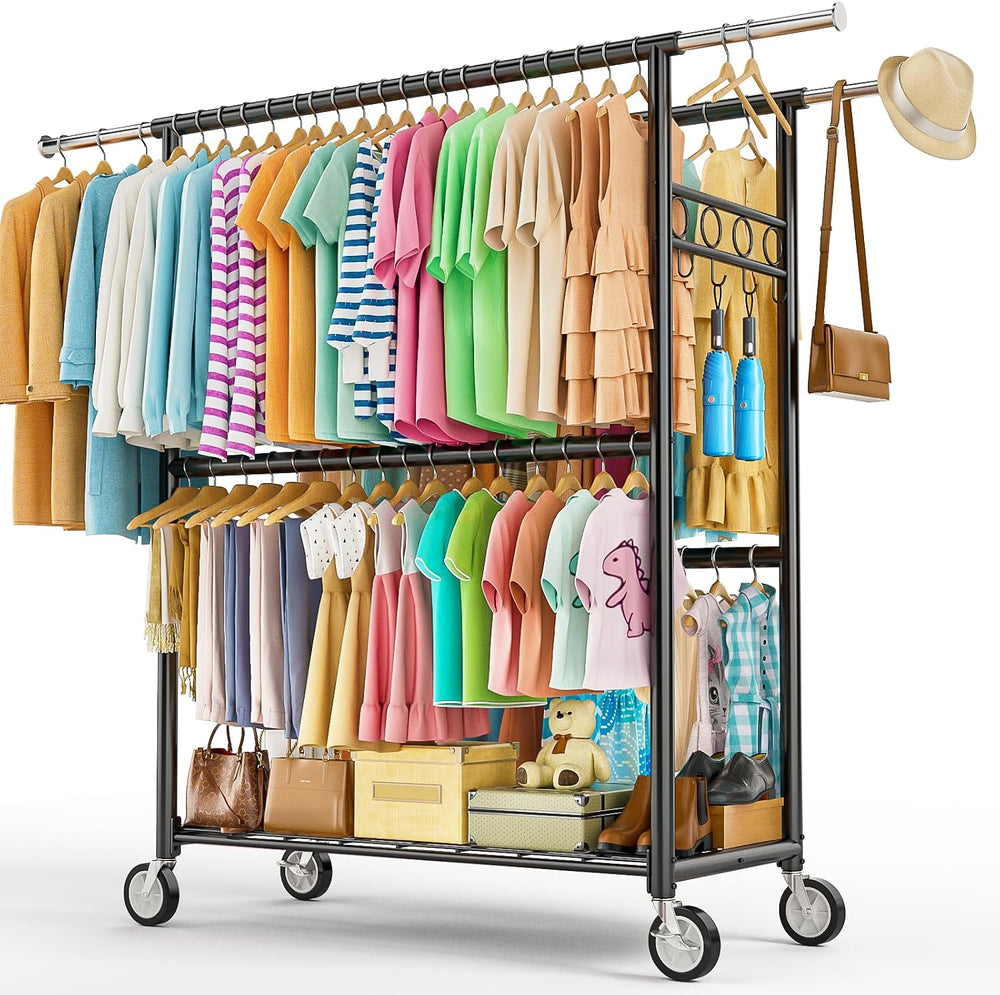 Heavy Duty Clothes Rack Load 1060LBS, Four Rods Rolling Clothing Racks for Ha...