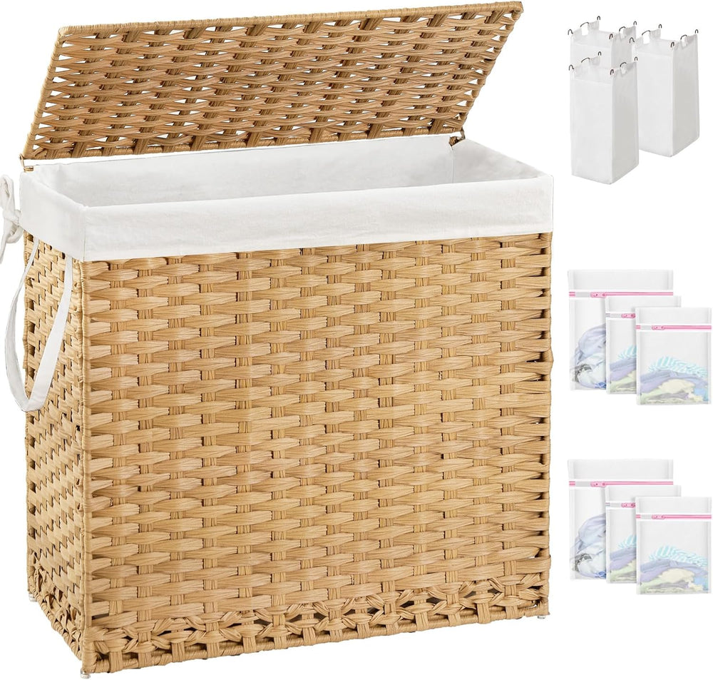 SETVSON Laundry Hamper with Lid Laundry Basket 132 L PE Rattan Natural