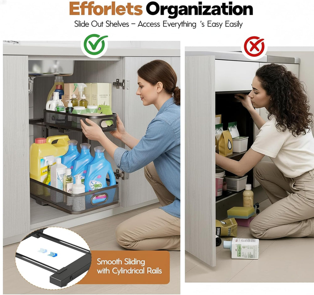2 Pack Under Sink Organizer, Dual-Layer Pull Out Mesh Cabinet Rack with 5-Lev...