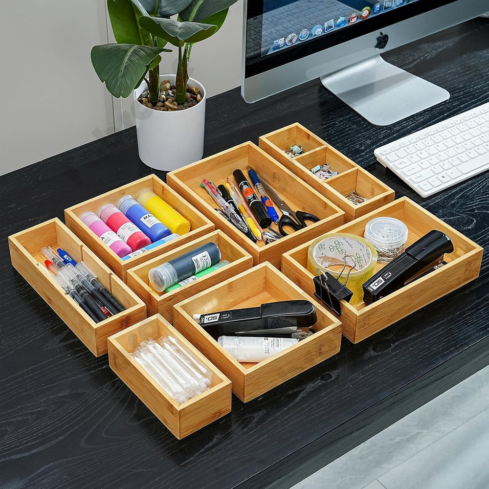 Fabsome Drawer Organizer, Set of 9 Bamboo Wood Kitchen Makeup Desk Junk Tea D...