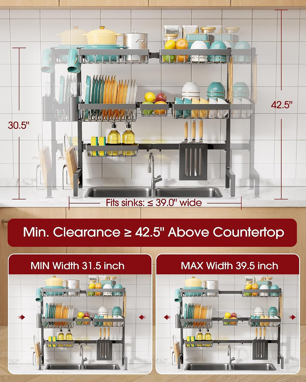 Sakugi Over The Sink Dish Drying Rack - Adjustable 3 Tier XX-Large Capacity S...