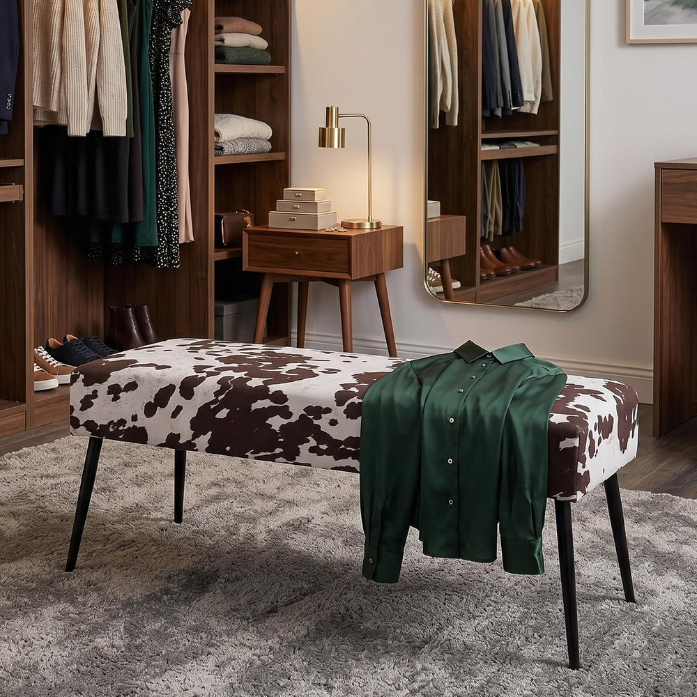 DUHOME Velvet Bench Ottoman, Upholstered Bedroom Benches Cow Print