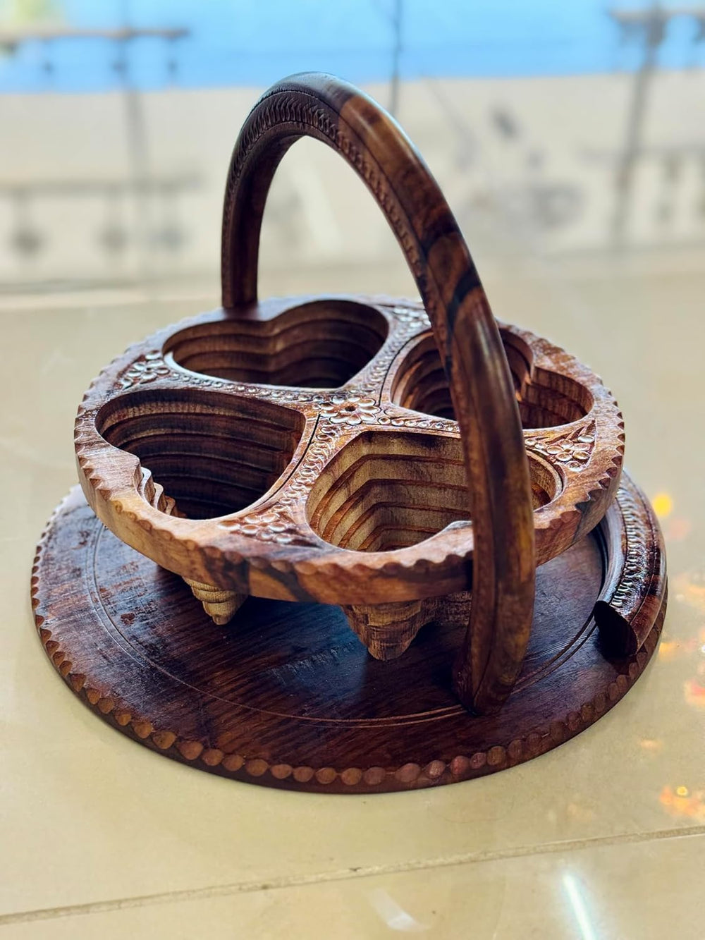Handmade 12″ Collapsible Wooden Basket, 4-Compartment Heart Design in Himalay...