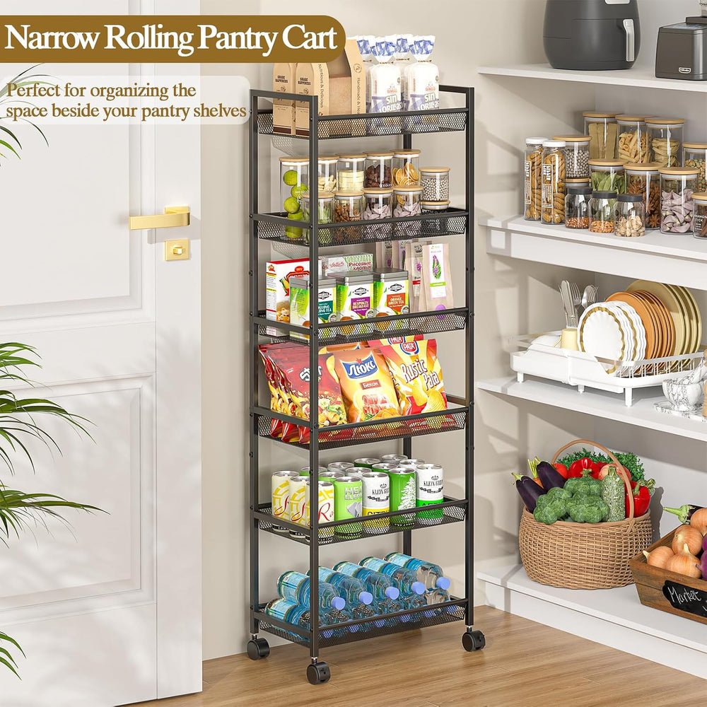 6 Tier Slim Rolling Storage Cart, Narrow Mobile Shelving Unit Organizer Utili...