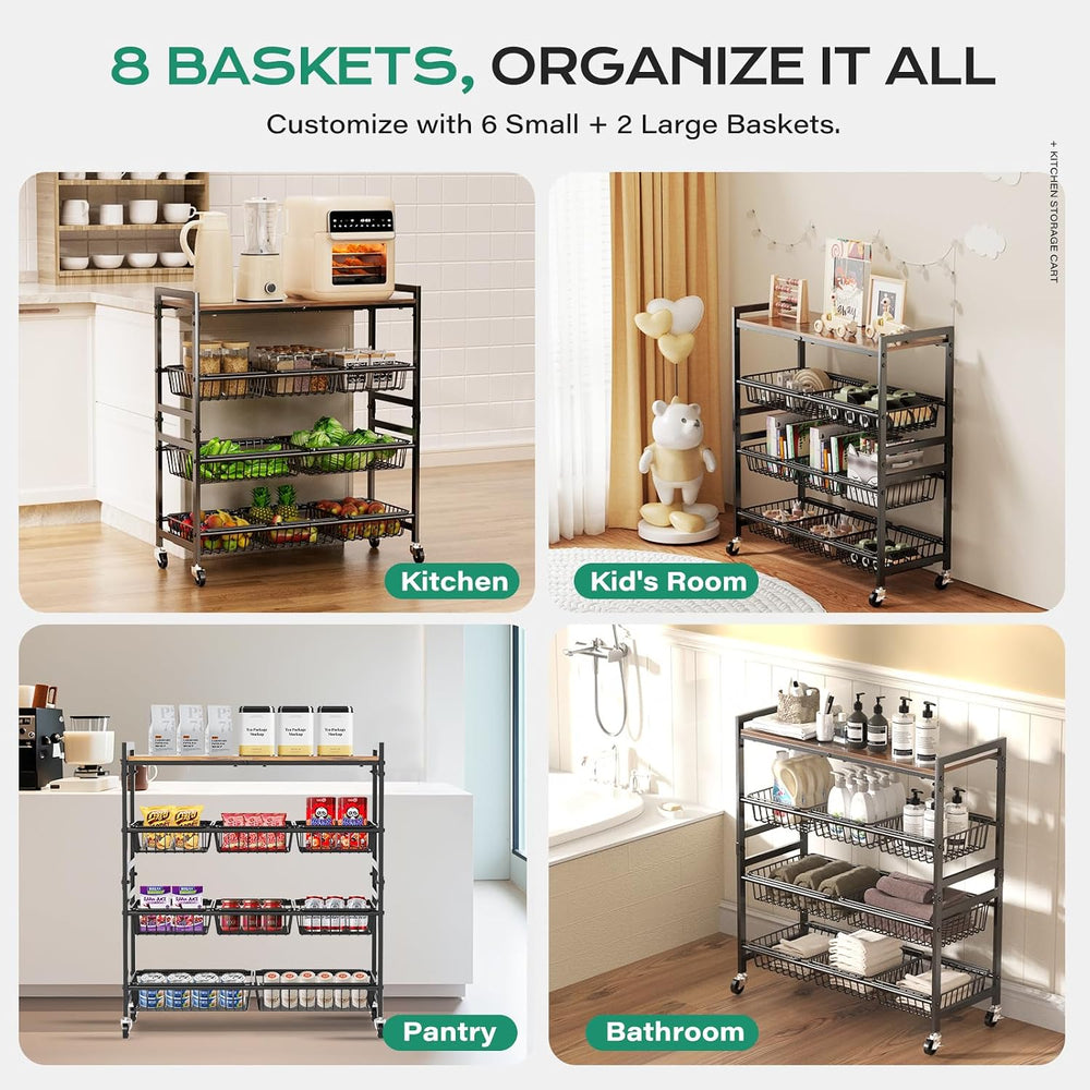 4-Tier Utility Kitchen Cart with Wood Top, 29" W Kitchen Storage Cart wi...
