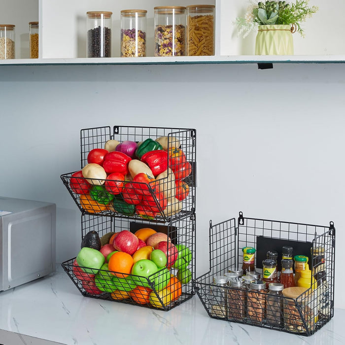 X-cosrack Metal Wire Basket Wall Mount, 3 Tier Wall Storage Basket Organizer with Hanging Hooks Chalkboards, Rustic Kitchen Fruit Produce Bin Rack Bathroom Tower Baskets (Black)