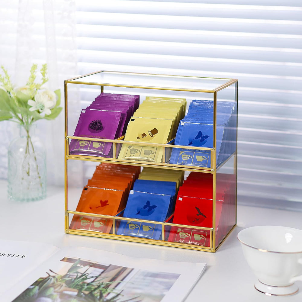 REDHUGO Glass Tea Bag Organizer for Counter, 2-Tier Teabag Organizer Storage ...