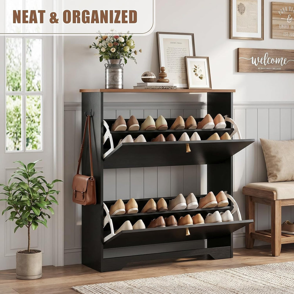 Nicetree Shoe Cabinet, 2 Flip Drawers Slim Black Walnut Top Entry Storage
