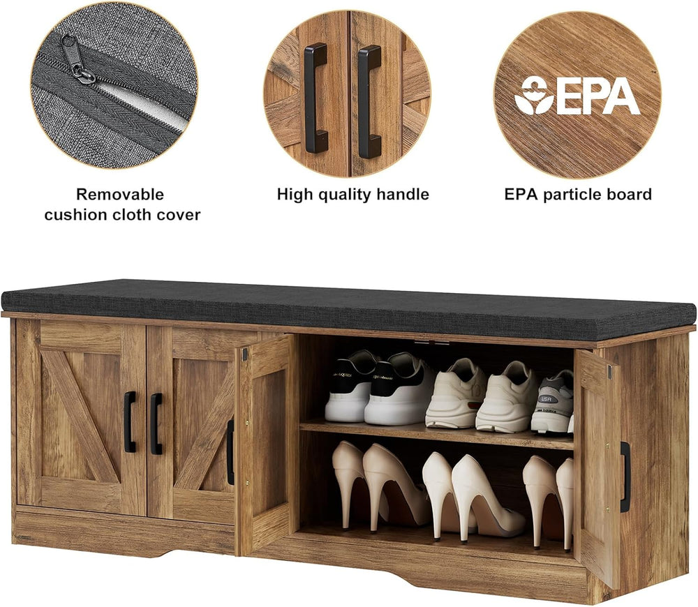 HOMSHO Farmhouse Shoe Storage Bench with 4 Barn Doors & Padded Seat Cushion