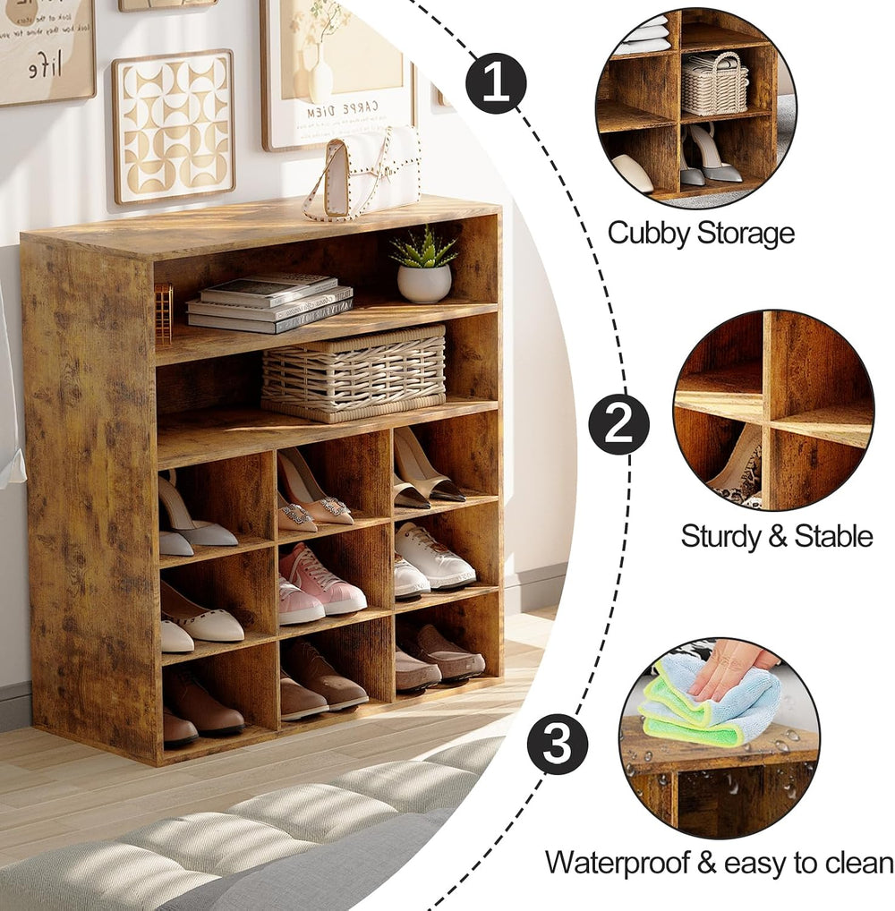 9-Cubby Shoe Rack, Wood Shoe Organizer Bench for Entryway Hallway Closet
