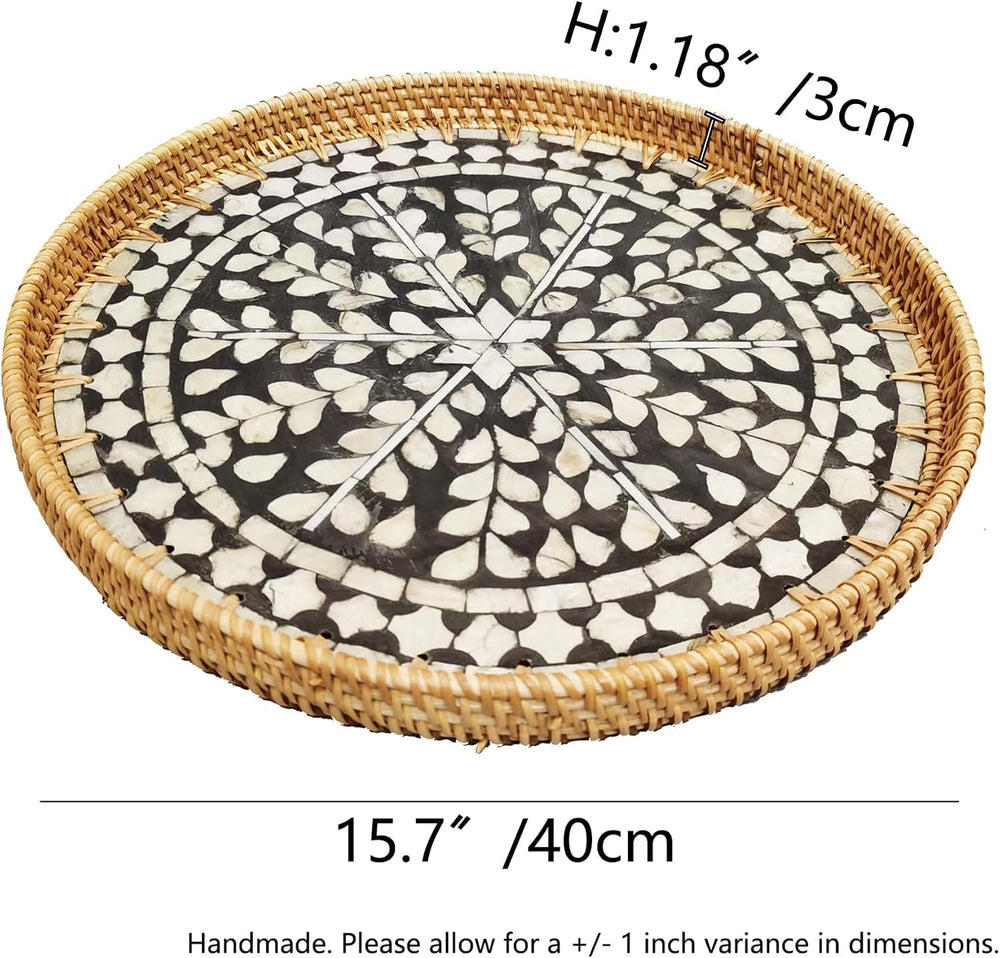 i-lan 16" Rattan & Mother of Pearl Serving Tray with 1.2" Raise...