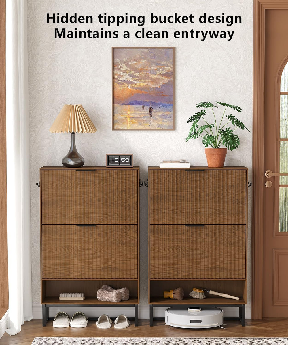 Akxomel Fluted Shoe Storage Cabinet, Narrow Hidden Shoe Rack Cabinet with Met...