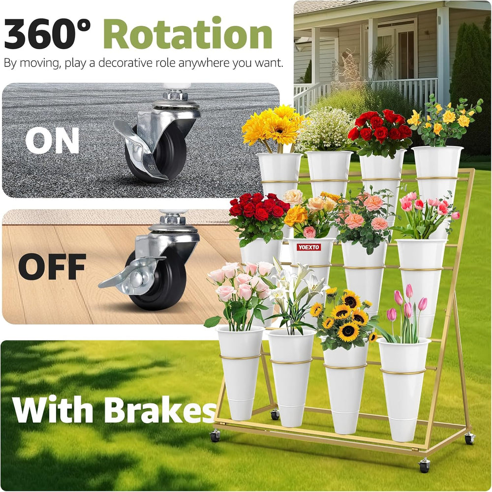 Flower Display Stand 3 Layers with 12 PCS Round Buckets, Plant Stand with Whe...