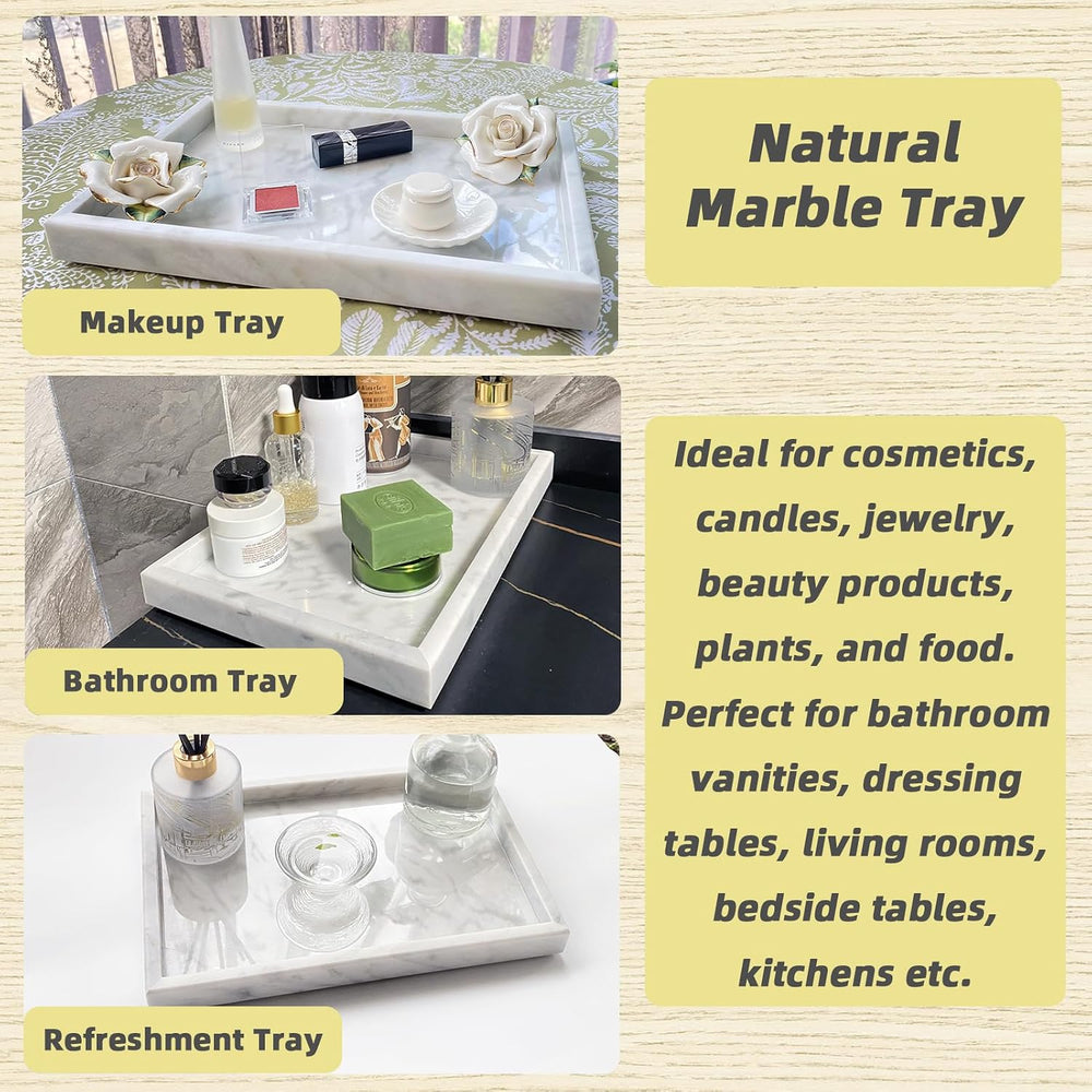 Yew & Tulip Natural Carrara White Marble Vanity Tray, Natural White Marbl...