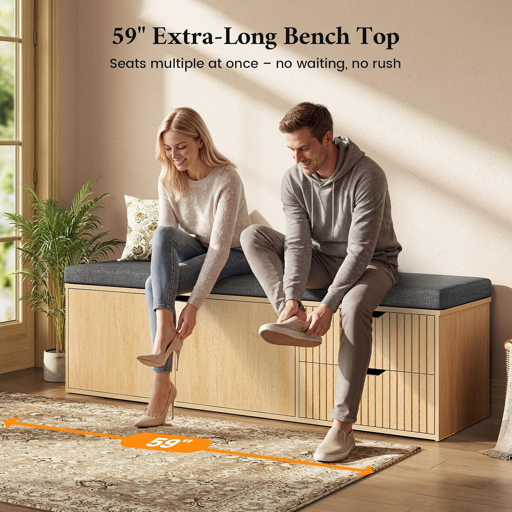 59" Storage Bench with Drawer, 2-Tier Shoe Bench with Storage, Long Entr...
