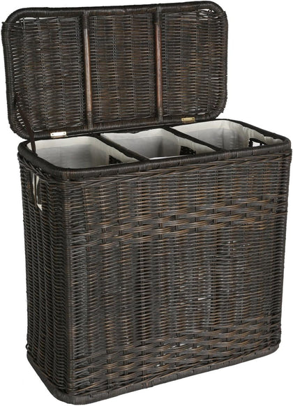 The Basket Lady 3-Compartment Wicker Laundry Hamper, Walnut Brown