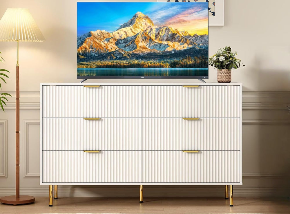 56" Wide Modern White Fluted 6 Drawers Dresser for Bedroom with Gold Handle