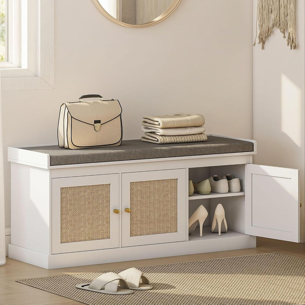 HOMCOM Shoe Bench Storage Rattan Doors 13.8 x 41.3 x 18.5 Inches White
