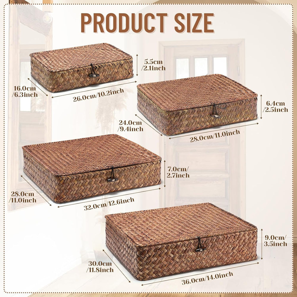 Didaey Set of 4 Seagrass Basket with Lid Wicker Storage Basket Decorative Sto...