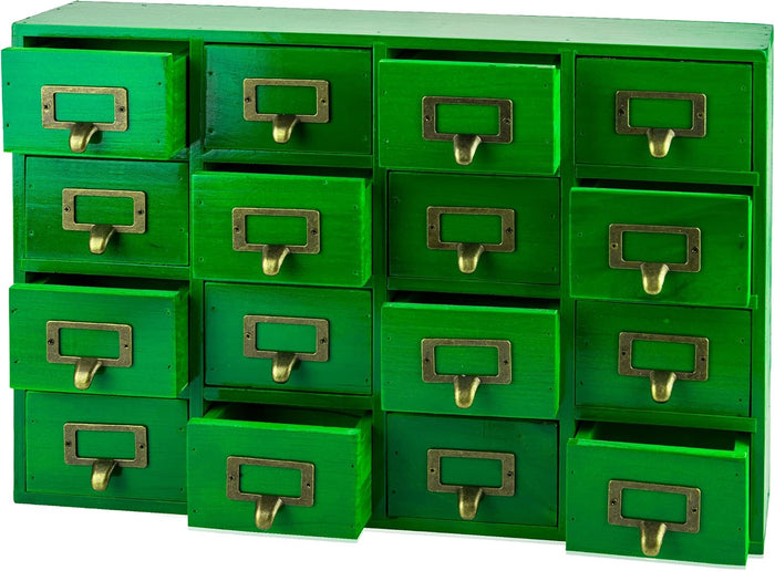 Emerald Green Wood 16-Drawer Apothecary Small Cabinet - 20"x3.6”x14” Card Catalog Style Table Top Organizer - Wooden Storage Box w/16 Drawers - 4-Level Countertop Organizer w/Label Holders & Handles