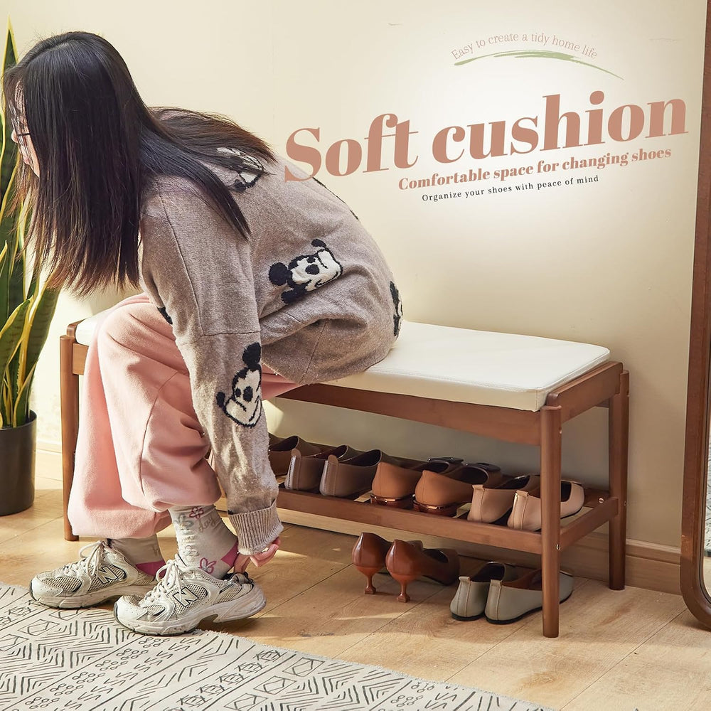 STDDRE Shoe Rack Bench Entryway Bamboo Shoe Storage Bench with Leather Cushio...