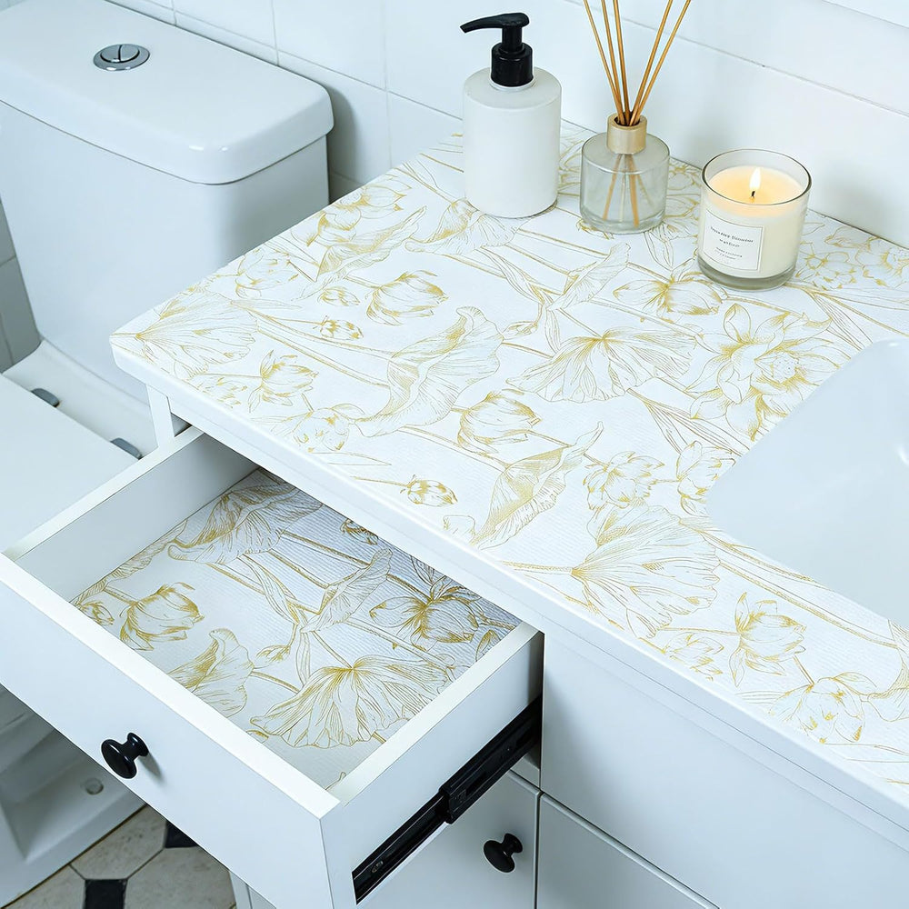Shelf Liners Thickened Non-Slip Non Adhesive Light Base Gold Lotus Pattern