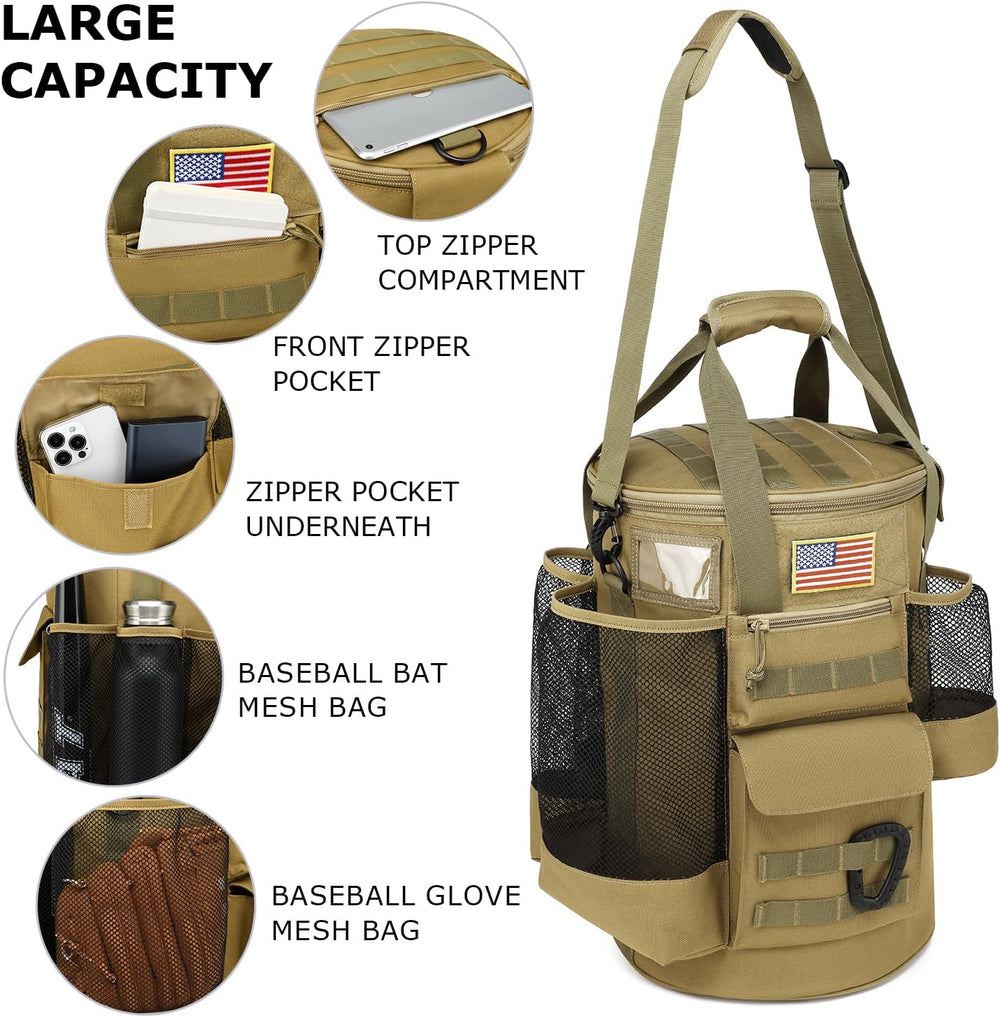 Baseball Bucket Bag 6 Gallon Tactical Softball Coaches Bag with Padded Seat