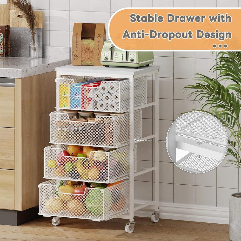 4-Tier Kitchen Storage Cart - Fruit Vegetable Storage Cart with Drawers, Wood...
