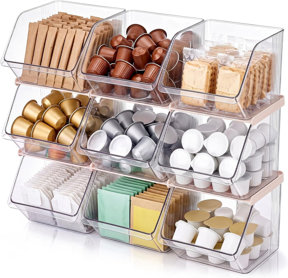 9 Pcs Stackable Plastic Storage Bins, Open Front, Clear