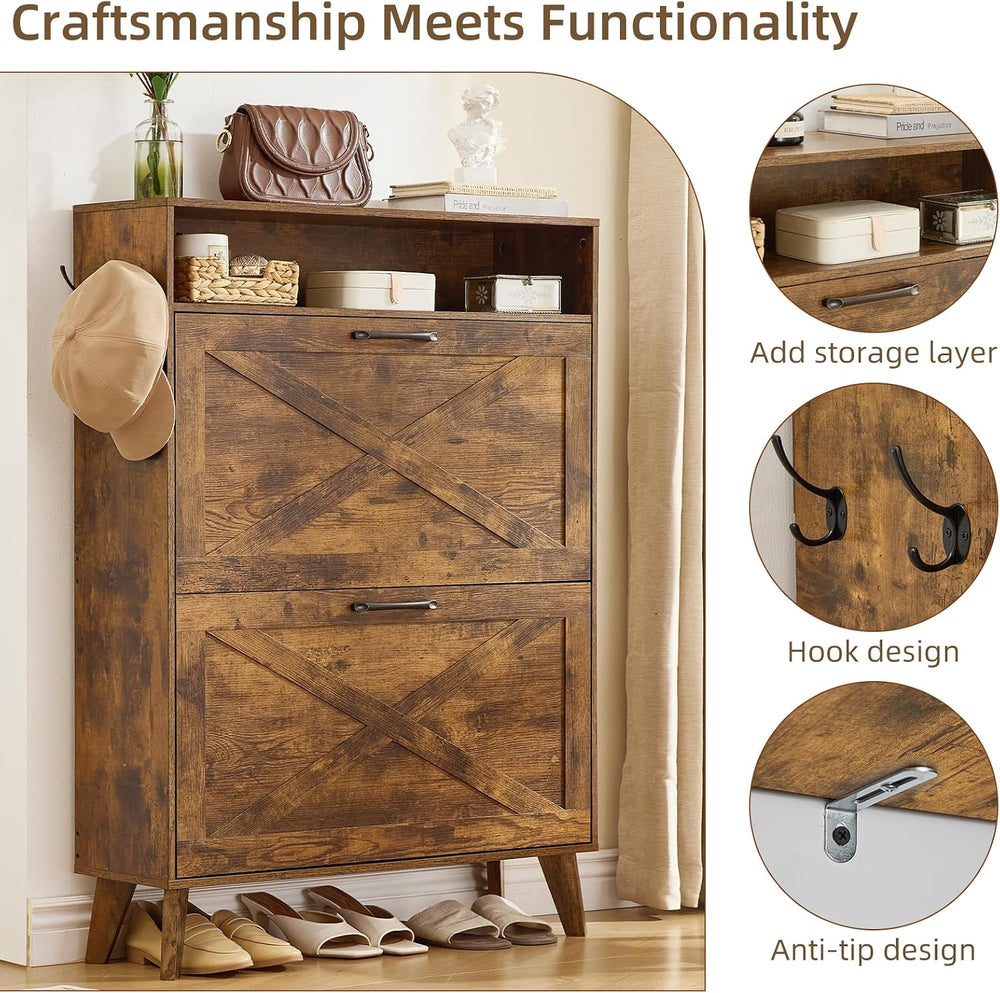 Joaxswe Narrow Shoe Cabinet with 2 Flip Drawers for Entryway,Rustic Brown